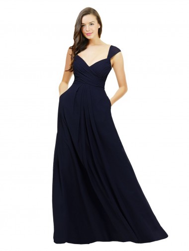Dunkelmarine A-Linien V-Ausschnitt Chiffon Lange Brautjungfernkleider Hersteller