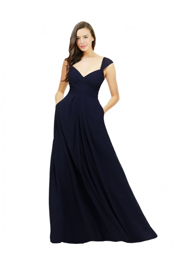 Dunkelmarine A-Linien V-Ausschnitt Chiffon Lange Brautjungfernkleider Hersteller