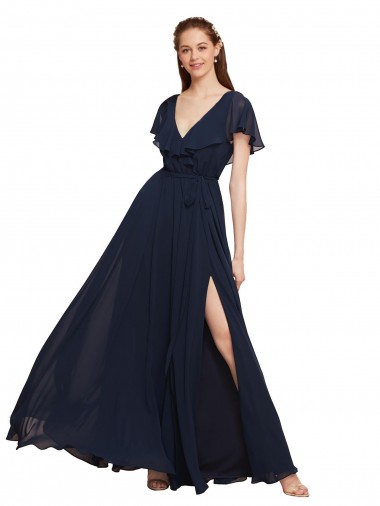 Dunkelmarine A-Linien V-Ausschnitt Chiffon Lange Brautjungfernkleider Hersteller