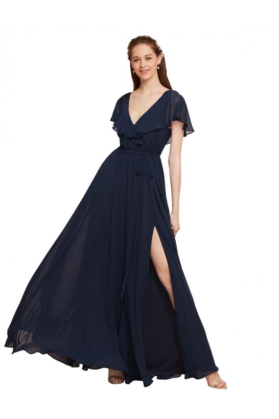 Dunkelmarine A-Linien V-Ausschnitt Chiffon Lange Brautjungfernkleider Hersteller