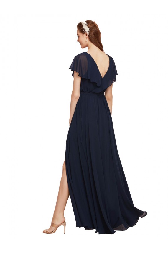 Dunkelmarine A-Linien V-Ausschnitt Chiffon Lange Brautjungfernkleider Hersteller