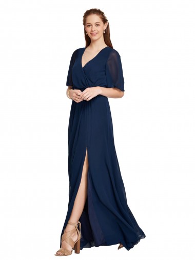 Dunkelmarine A-Linien V-Ausschnitt Chiffon Lange Brautjungfernkleider Hersteller