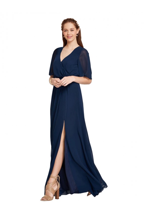 Dunkelmarine A-Linien V-Ausschnitt Chiffon Lange Brautjungfernkleider Hersteller