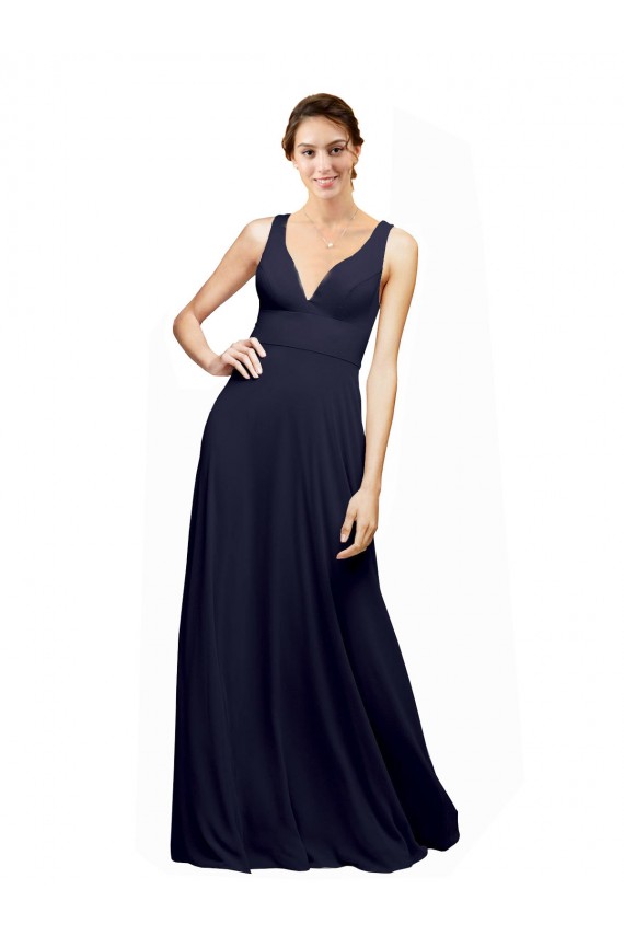 Dunkelmarine A-Linien V-Ausschnitt Chiffon Lange Brautjungfernkleider Hersteller