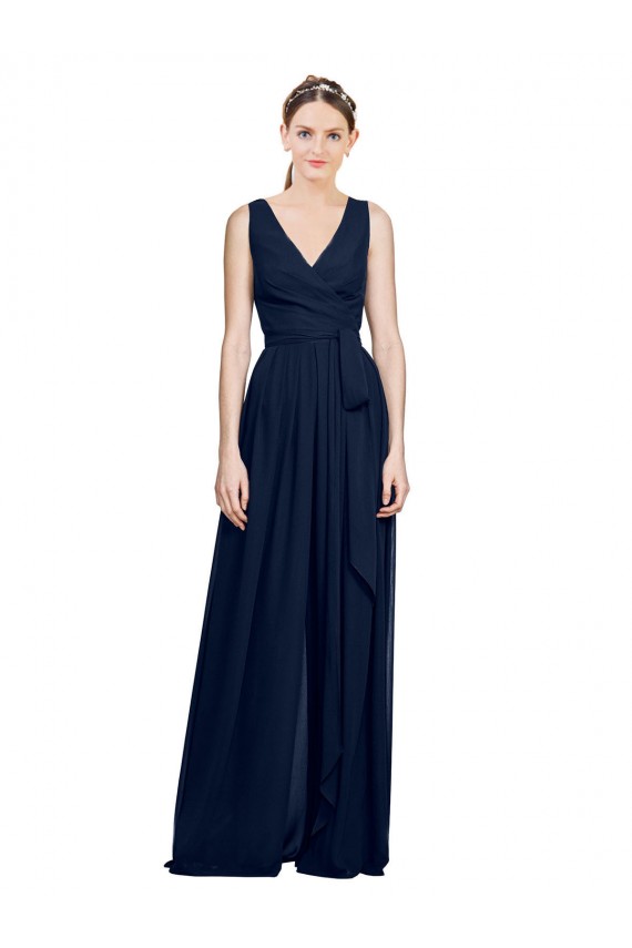 Dunkelmarine A-Linien V-Ausschnitt Chiffon Lange Brautjungfernkleider Hersteller