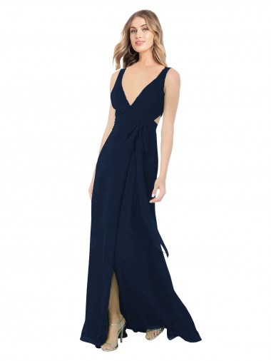 Dunkelmarine A-Linien V-Ausschnitt Chiffon Lange Brautjungfernkleider Hersteller