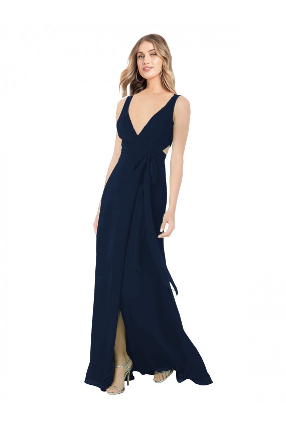 Dunkelmarine A-Linien V-Ausschnitt Chiffon Lange Brautjungfernkleider Hersteller