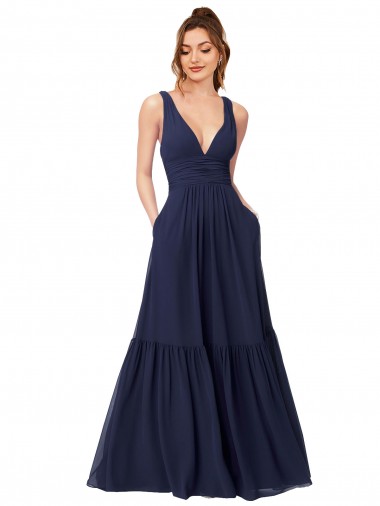 Dunkelmarine A-Linien V-Ausschnitt Chiffon Lange Brautjungfernkleider Hersteller