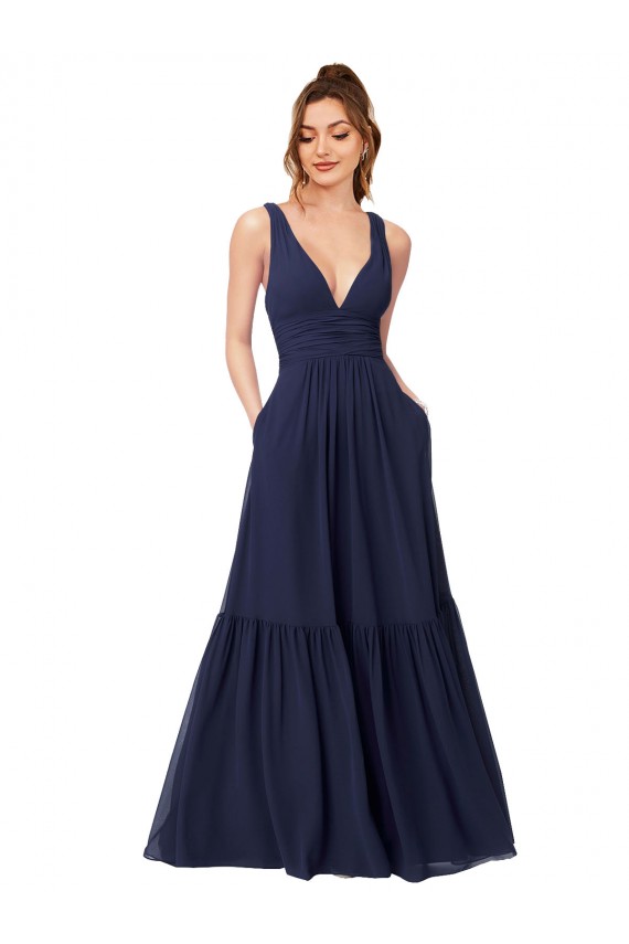 Dunkelmarine A-Linien V-Ausschnitt Chiffon Lange Brautjungfernkleider Hersteller