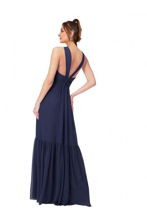 Dunkelmarine A-Linien V-Ausschnitt Chiffon Lange Brautjungfernkleider Hersteller
