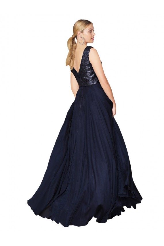 Dunkelmarine A-Linien V-Ausschnitt Chiffon Paillette Lange Brautjungfernkleider / Abiballkleider Hersteller