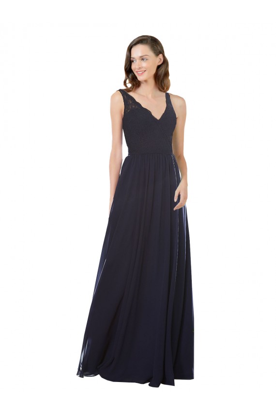 Dunkelmarine A-Linien V-Ausschnitt Chiffon Spitze Lange Brautjungfernkleider Hersteller