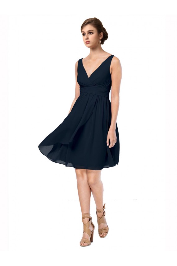 Dunkelmarine A-Linien V-Ausschnitt Knielang Chiffon Kurze Brautjungfernkleider / Cocktailkleider / Heimkehr Kleider Hersteller