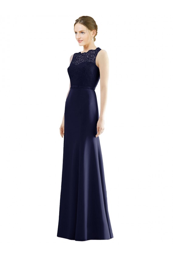 Dunkelmarine Meerjungfrau Illusion Ausschnitt Chiffon Spitze Lange Brautjungfernkleider Hersteller