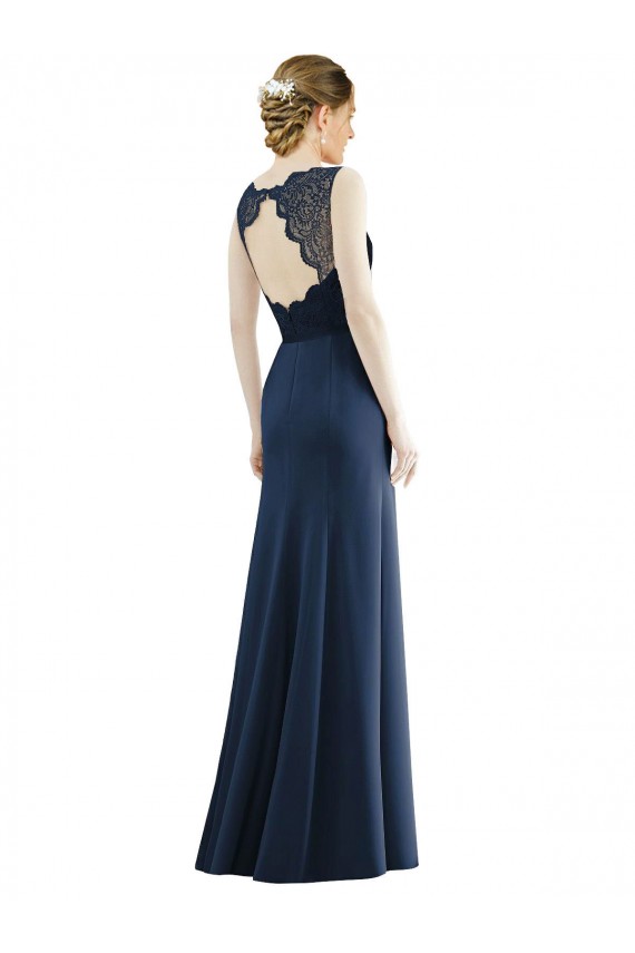 Dunkelmarine Meerjungfrau Illusion Ausschnitt Chiffon Spitze Lange Brautjungfernkleider Hersteller
