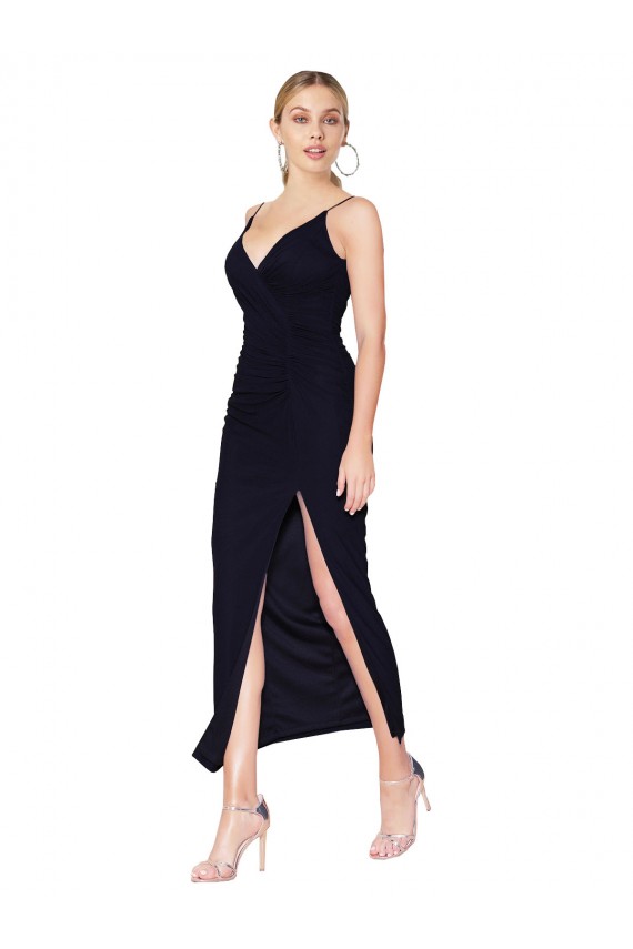 Dunkelmarine Meerjungfrau V-Ausschnitt Knielang Chiffon Kurze Formale Brautjungfernkleider / Abendkleider / Abiballkleider / Cocktailkleider / Heimkehr Kleider Hersteller