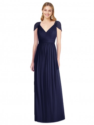 Dunkelmarine Trompete V-Ausschnitt Chiffon Lange Brautjungfernkleider Hersteller