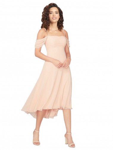 Eisrosa A-Linien Quadrat Ausschnitt Midi Chiffon Kurze Brautjungfernkleider Hersteller