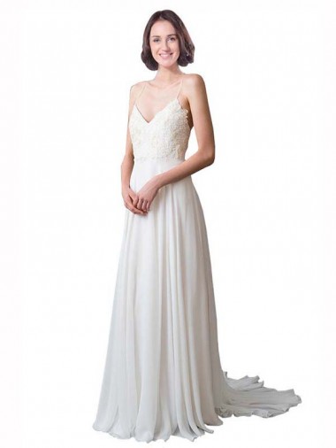 Elfenbein A-Linien Spaghetti-Träger V-Ausschnitt Kapelle-schleppe Chiffon Spitze Strand Brautkleider Hersteller