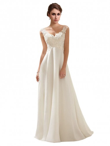 Elfenbein A-Linien V-Ausschnitt Sweep Zug Chiffon Spitze Brautkleider Hersteller