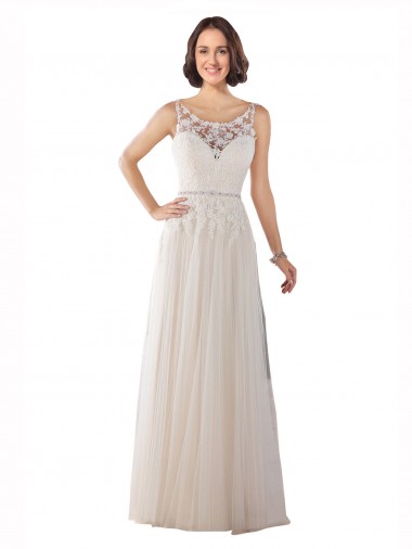 Elfenbein & Champagner A-Linien Illusion Ausschnitt Sweep Zug Tüll Boho Brautkleider Hersteller
