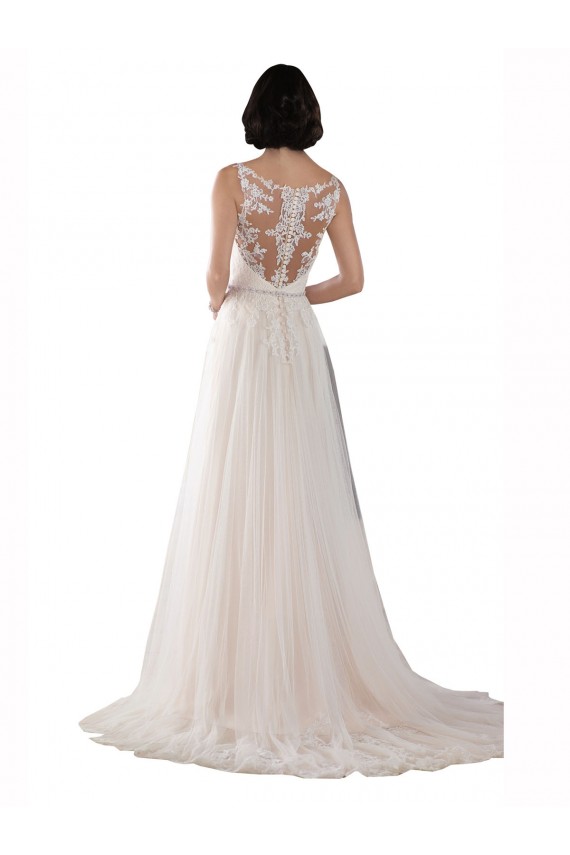 Elfenbein & Champagner A-Linien Illusion Ausschnitt Sweep Zug Tüll Boho Brautkleider Hersteller