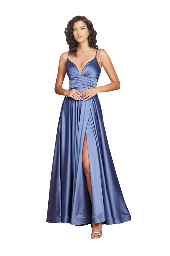 Französisch Blau A-Linien Spaghetti-Träger Seidiger Satin Lange Formale Brautjungfernkleider / Abendkleider / Abiballkleider Hersteller