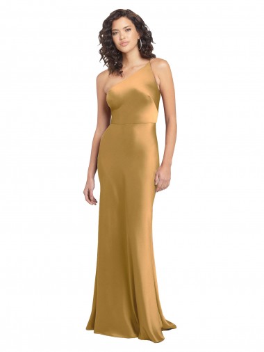Gold A-Linien Eine-Schulter Stretch-Satin Lange Formale Brautjungfernkleider / Abendkleider / Abiballkleider Hersteller