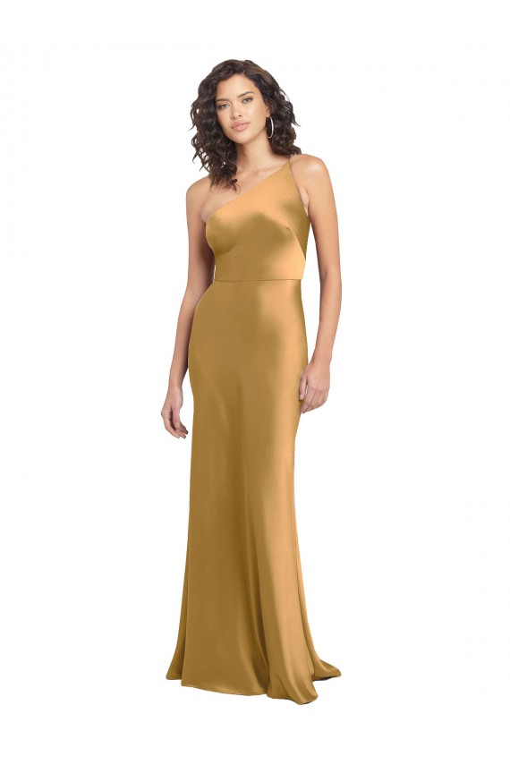Gold A-Linien Eine-Schulter Stretch-Satin Lange Formale Brautjungfernkleider / Abendkleider / Abiballkleider Hersteller