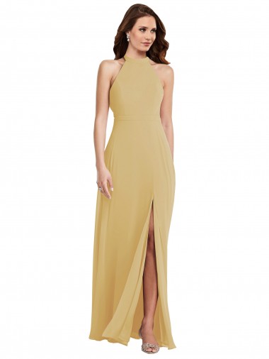 Gold A-Linien Neckholder Chiffon Lange Brautjungfernkleider Hersteller