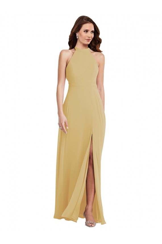 Gold A-Linien Neckholder Chiffon Lange Brautjungfernkleider Hersteller