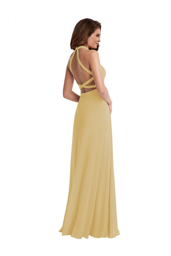Gold A-Linien Neckholder Chiffon Lange Brautjungfernkleider Hersteller