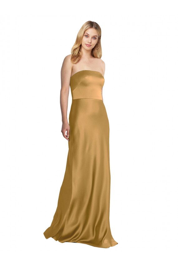 Gold A-Linien Trägerlos Stretch-Satin Lange Formale Brautjungfernkleider / Abendkleider / Abiballkleider Hersteller