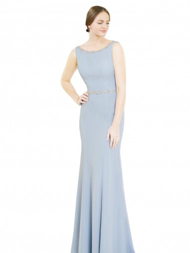 Helles Himmelblau A-Linien Bootshals Stehkragen Ausschnitt Chiffon Lange Brautjungfernkleider Hersteller