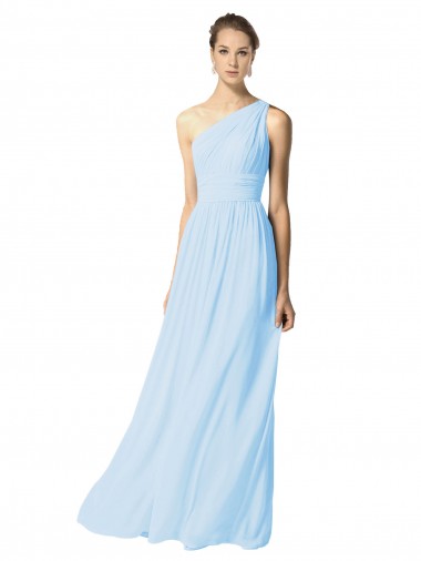 Helles Himmelblau A-Linien Eine-Schulter Chiffon Lange Brautjungfernkleider Hersteller