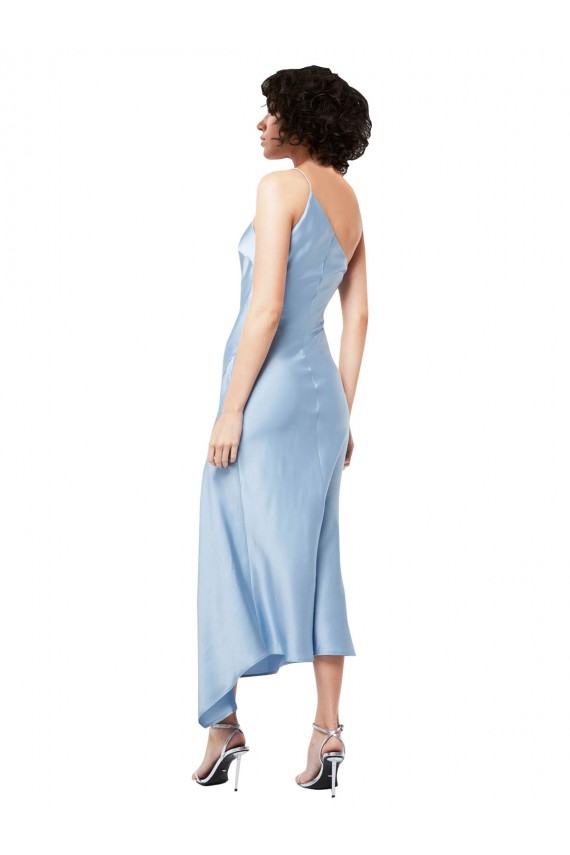 Helles Himmelblau A-Linien Eine-Schulter Midi Seidiger Satin Kurze Formale Brautjungfernkleider / Abendkleider / Abiballkleider / Cocktailkleider / Heimkehr Kleider Hersteller