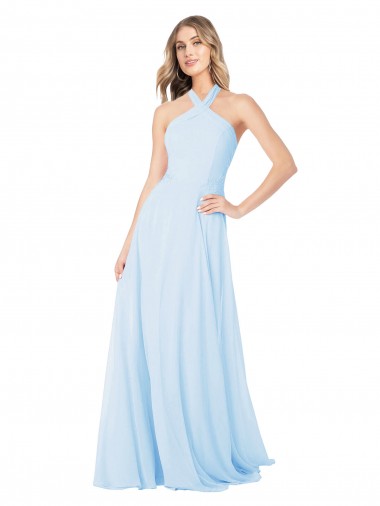 Helles Himmelblau A-Linien Neckholder Stehkragen Ausschnitt Chiffon Lange Brautjungfernkleider Hersteller