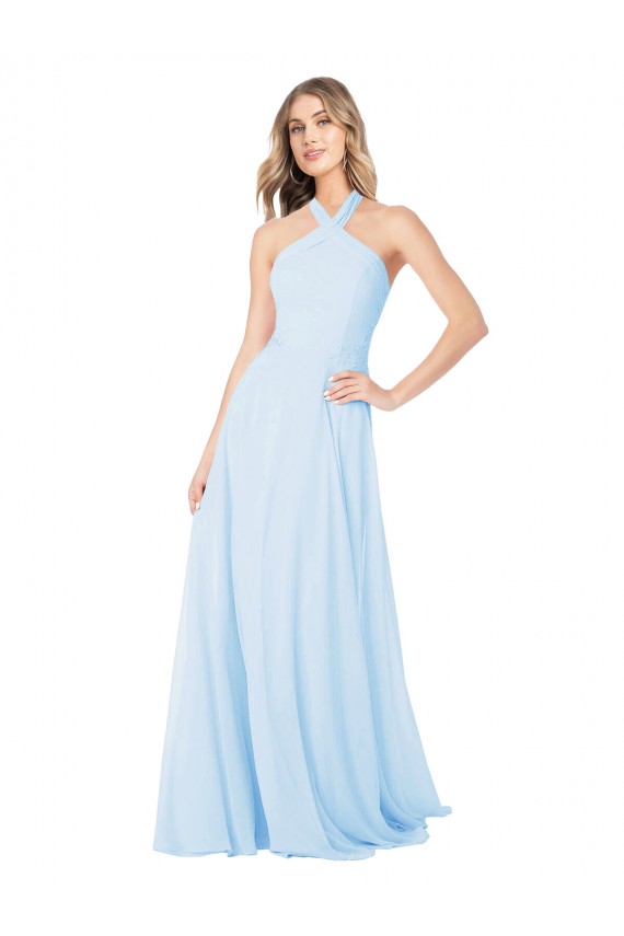 Helles Himmelblau A-Linien Neckholder Stehkragen Ausschnitt Chiffon Lange Brautjungfernkleider Hersteller