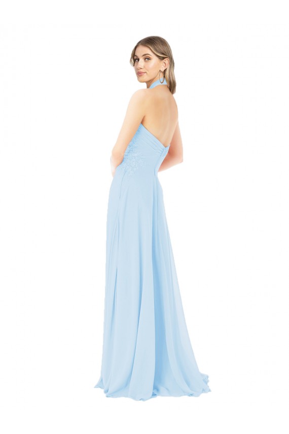 Helles Himmelblau A-Linien Neckholder Stehkragen Ausschnitt Chiffon Lange Brautjungfernkleider Hersteller