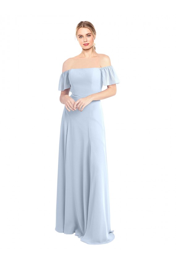 Helles Himmelblau A-Linien Off-Schulter Quadrat Ausschnitt Chiffon Lange Brautjungfernkleider Hersteller