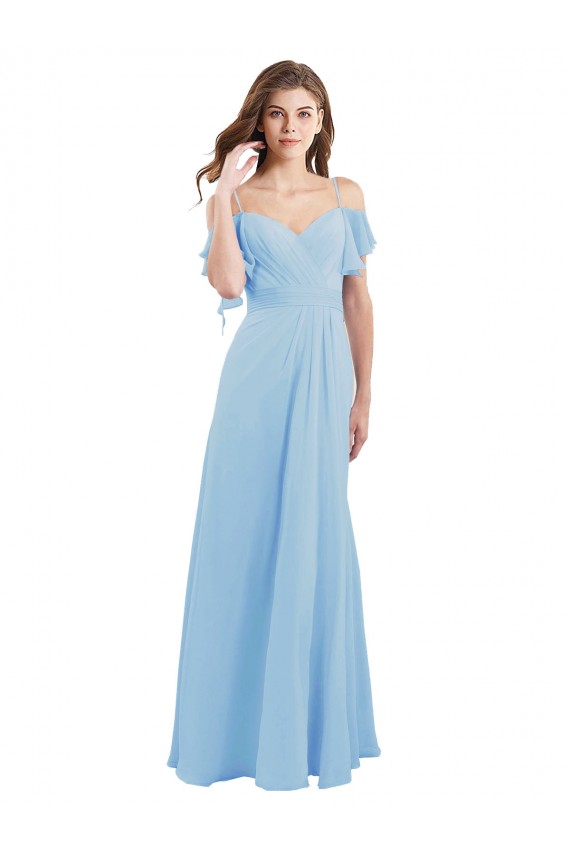 Helles Himmelblau A-Linien Spaghetti-Träger Chiffon Lange Brautjungfernkleider Hersteller