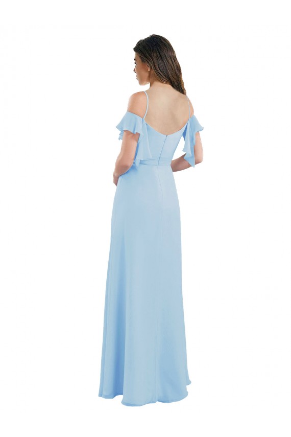 Helles Himmelblau A-Linien Spaghetti-Träger Chiffon Lange Brautjungfernkleider Hersteller