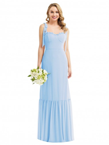 Helles Himmelblau A-Linien Spaghetti-Träger Chiffon Lange Brautjungfernkleider Hersteller