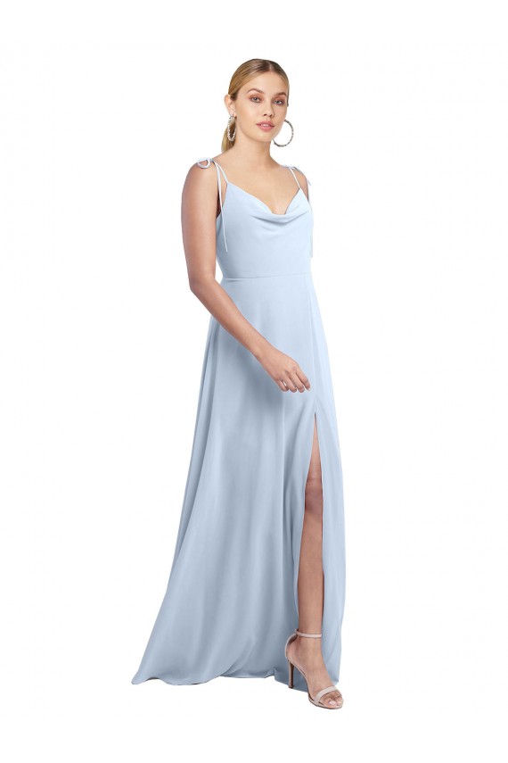 Helles Himmelblau A-Linien Spaghetti-Träger Haube Ausschnitt Chiffon Lange Brautjungfernkleider Hersteller