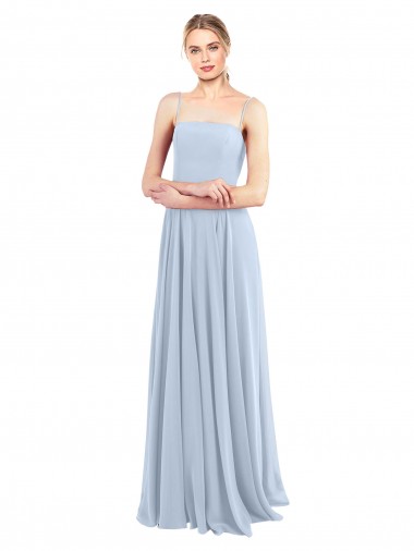 Helles Himmelblau A-Linien Spaghetti-Träger Quadrat Ausschnitt Chiffon Lange Brautjungfernkleider Hersteller