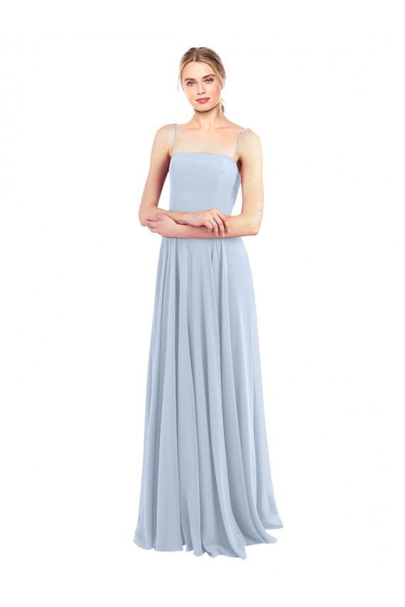 Helles Himmelblau A-Linien Spaghetti-Träger Quadrat Ausschnitt Chiffon Lange Brautjungfernkleider Hersteller
