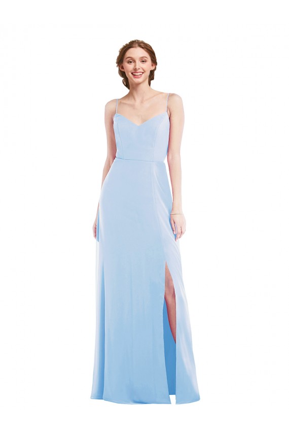 Helles Himmelblau A-Linien Spaghetti-Träger V-Ausschnitt Chiffon Lange Formale Brautjungfernkleider / Abendkleider Hersteller