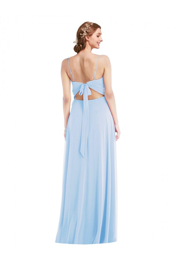 Helles Himmelblau A-Linien Spaghetti-Träger V-Ausschnitt Chiffon Lange Formale Brautjungfernkleider / Abendkleider Hersteller