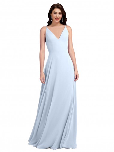 Helles Himmelblau A-Linien V-Ausschnitt Chiffon Lange Brautjungfernkleider Hersteller