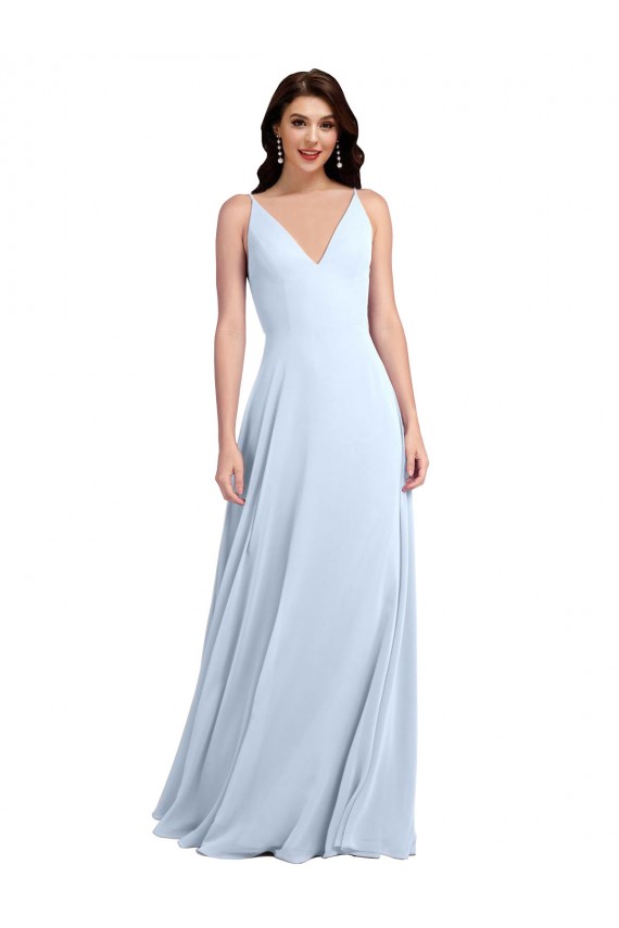 Helles Himmelblau A-Linien V-Ausschnitt Chiffon Lange Brautjungfernkleider Hersteller